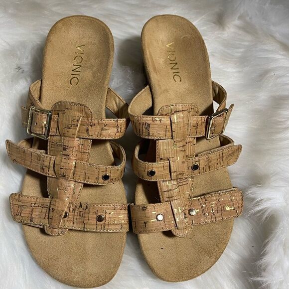 Vionic cork and gold wedge strappy sandals with side buckle & Velcro straps SZ7 - Picture 7 of 10